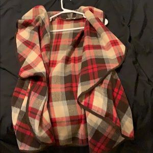 Red, brown, black plaid cardigan type sweater